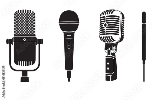 Collection of black microphone icons including vintage and modern styles set against transparent grid background for music podcasting and audio recording
