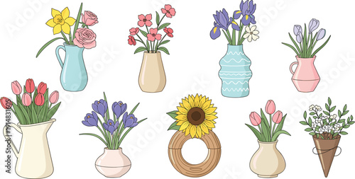 Hand Drawn Flower Vase Collection with Tulips Irises and Sunflower Floral Arrangements Vector Illustration Set for Spring Home Decor Design