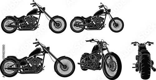 Custom chopper motorcycle silhouettes set, classic cruiser bike black vector illustration isolated on white background
