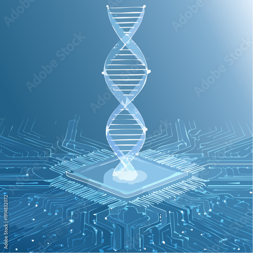 Digital DNA Helix Emerging from a Microchip Symbolizing Biotechnology and Advanced Science