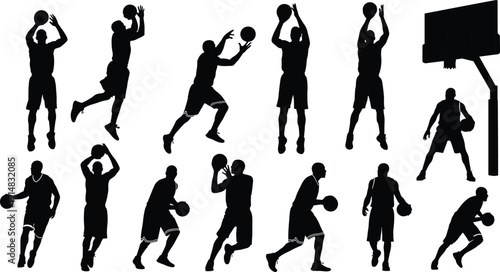 Basketball player silhouettes set, dribbling shooting dunking athletes black vector illustration isolated on white background