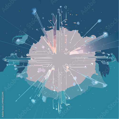 Abstract representation of a digital network explosion, showcasing connectivity and data flow with futuristic elements and geometric patterns