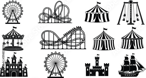 Amusement park icons set, carnival rides circus tents castle and pirate ship black vector silhouettes isolated on white background