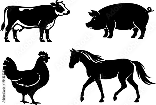 Four Farm Animals Silhouette Vector Illustrations Isolated Design