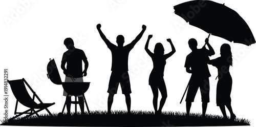 Friends barbecue party silhouettes at park, summer picnic grilling and celebration isolated black vector illustration on white background