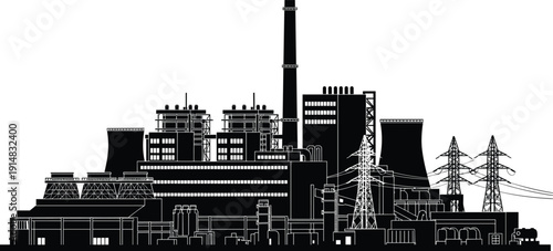 Industrial power plant silhouette, factory energy station with cooling towers smokestack transmission lines black vector illustration isolated