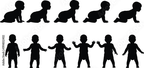 Baby crawling and standing silhouettes set, infant growth stages black vector illustration isolated on white background