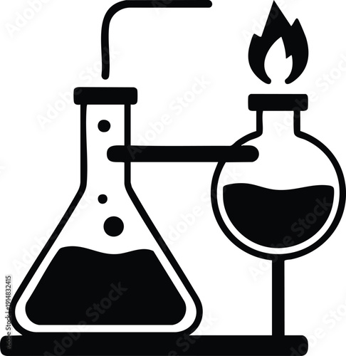 Chemical Distillation and Heating Vector Icon, Monochrome Graphic of Laboratory Glassware with Bunsen Burner, vector, illustration, silhouette.