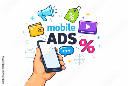 Mobile Ads Digital Marketing Illustration. Hand holding smartphone with promotional icons, discounts, video content, and megaphone advertising.