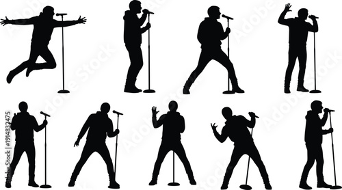 Male singer silhouettes set, performing vocalist with microphone black vector illustration isolated on white background