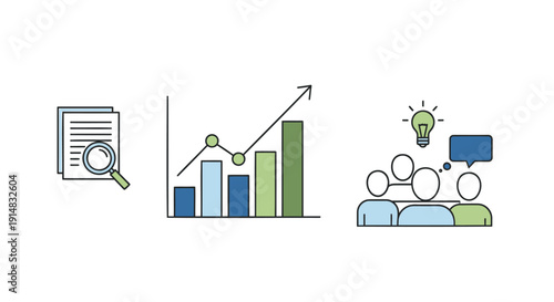 Vector icons of business analysis and teamwork with document, graph, and people icons isolated on transparent background