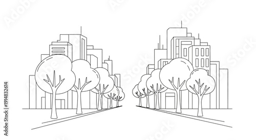 Cityscape with trees and buildings.