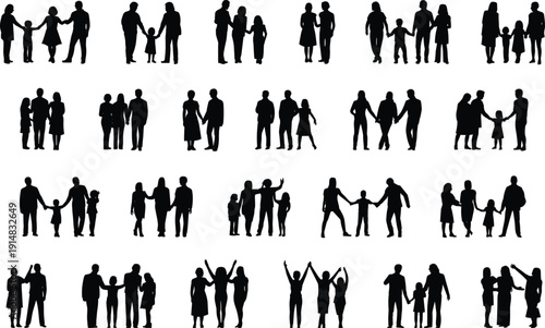 Family and couple silhouettes collection showing parents with children, relationships and togetherness, black human figures for love, unity, parenting, social lifestyle and community concept vector
