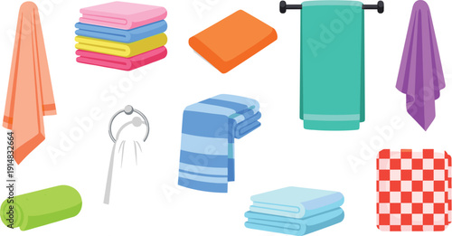 Bathroom Towels Collection with Folded and Hanging Cloth Textiles Vector Illustration Set for Home Hygiene, Spa and Laundry Design