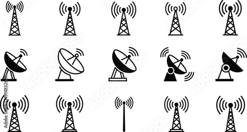Telecommunication tower and satellite dish icons set, wireless signal antenna black vector illustration isolated on white background
