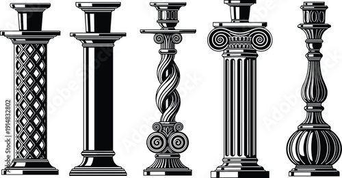 Classic antique column set, Greek Roman architectural pillars black and white vector illustration isolated on white background