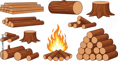 Firewood Log Collection with Wooden Stumps Timber Piles and Campfire Vector Illustration Set for Camping, Nature and Outdoor Design