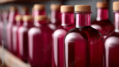 Wallpaper Mural Red glass bottles with corks on wooden shelf Torontodigital.ca