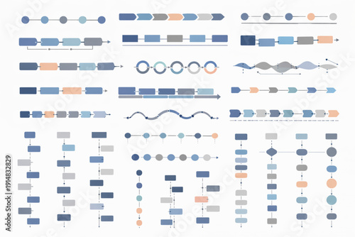 A collection of professional business infographic templates in a clean, minimalist style. The set includes various flowcharts, process diagrams, circular cycles, timelines, and step-by-step arrows. 