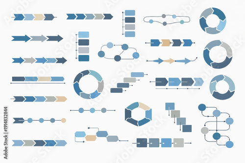 A collection of professional business infographic templates in a clean, minimalist style. The set includes various flowcharts, process diagrams, circular cycles, timelines, and step-by-step arrows. 