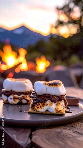 S'mores on a plate with a campfire and mountain backdrop at dusk in a vertical shot