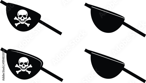 Pirate Eye Patch Icon Set with Skull Symbol and Black Silhouette Accessories Vector Collection for Costume, Halloween and Adventure Design