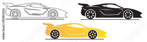 Modern supercar vector element set featuring outline, silhouette, and colored sports car icons for automotive branding and racing graphic design