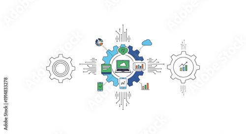 Vector illustration of interconnected gears and icons representing technology and data exchange
