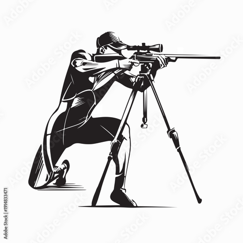 Sniper Athlete Rifle Shooting Tripod Stand Logo Design Vector on White Background