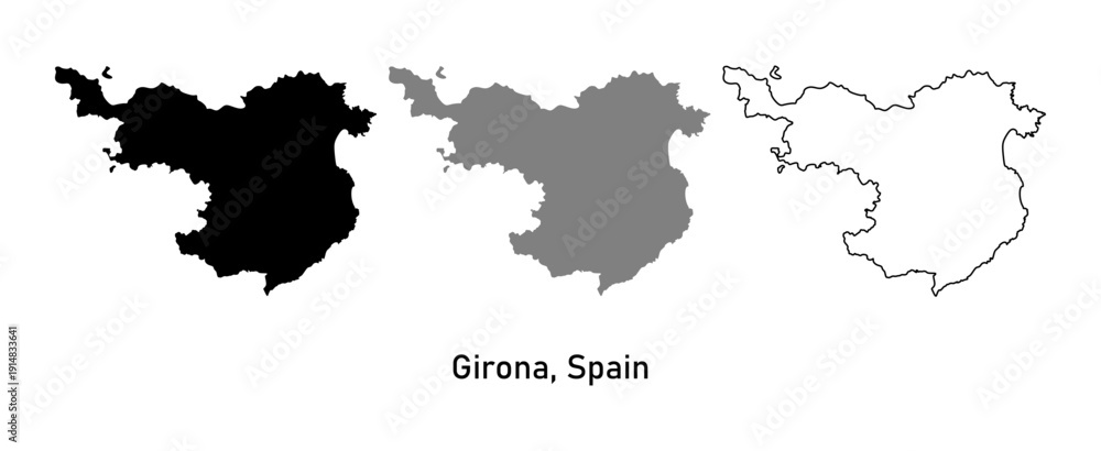 Obraz premium Map of Girona, a province in Spain. Map with various styles of outlines, black and gray.