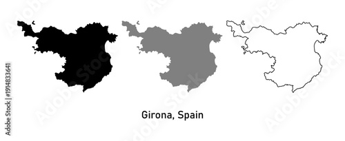 Map of Girona, a province in Spain. Map with various styles of outlines, black and gray.