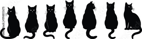 black cat silhouettes collection, sitting feline poses set, Halloween style pet illustration, mysterious kitty vector isolated design artwork bundle