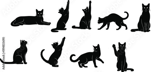 black cat silhouettes set, playful kitten poses collection, feline pet illustration, isolated animal shapes, cute cartoon cats vector bundle