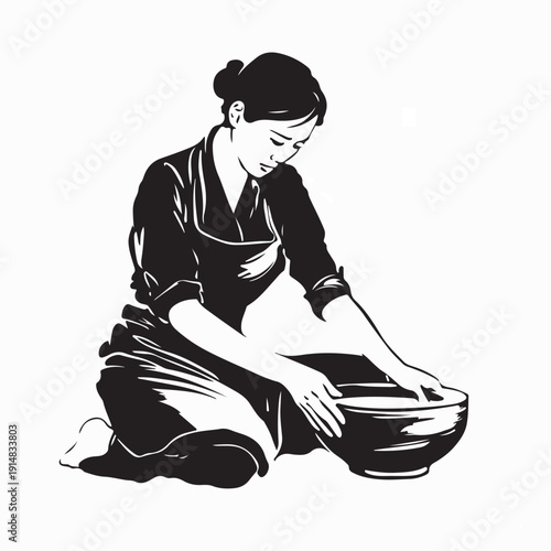 Pottery Artisan Crafting Ceramic Bowl Silhouette Vector on White Background