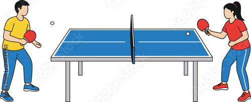 table tennis players illustration, ping pong match scene, indoor sport activity vector, competitive game characters, training practice cartoon design