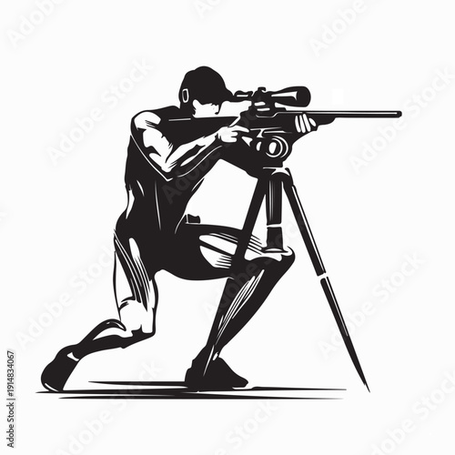 Sport Shooting Athlete with Rifle Tripod Stand Vector Illustration