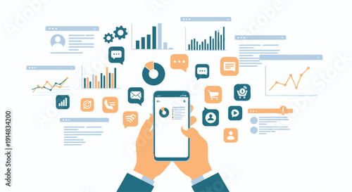 Hands holding a smartphone with various graphs and charts floating around it illustrating data analysis and visualization on a digital device from a straightforward view