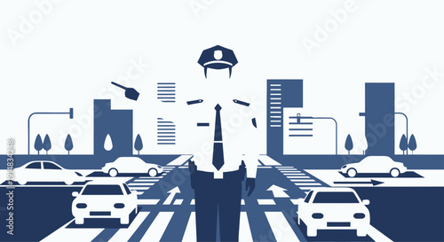 Traffic officer directing vehicles at a busy city intersection