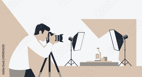 Photographer capturing product on studio setup with lighting equipment and camera on tripod for commercial illustration