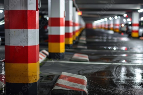 Perspective view of an underground parking lot featuring colorful pillars and a wet floor
