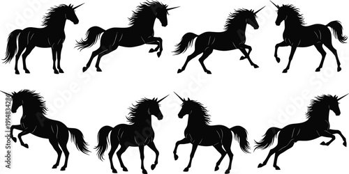 Fantasy unicorn silhouette icon collection featuring eight dynamic poses with flowing manes and horns, perfect for mythical art, decoration, design projects, and magical illustrations