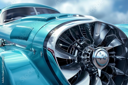 Turquoise vintage car showcasing a powerful jet engine instead of traditional grill, hinting at innovative automotive design and power