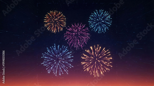 A colorful fireworks display with five different colored fireworks