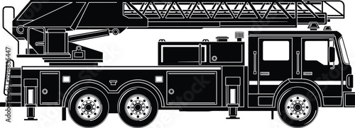 Fire truck ladder silhouette illustration showing emergency rescue vehicle with extendable aerial ladder, firefighter equipment and municipal safety transport isolated on white background