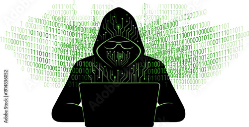 Cybersecurity Hacker in Hooded Cloak with Laptop, Flat Style Binary Code Illustration