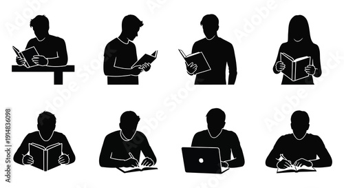 A collection of black silhouettes depicting people reading and studying ideal for educational designs on transparent background silhouette high quality professional