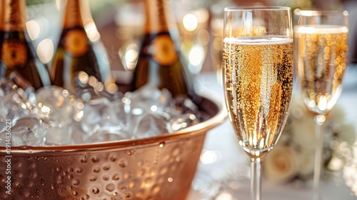 Two bubbly golden drinks in elegant glasses, with chilled bottles in a copper ice bucket