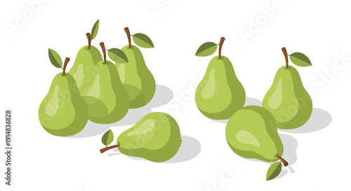 Fresh green pears scattered on a white background, ripe and ready to eat.