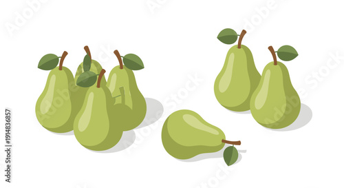 Fresh Green Pears with Leaves on a White Background.