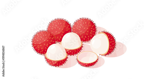 Fresh lychee fruit with red skin and white flesh on a white background.